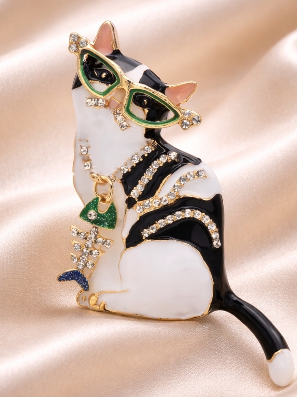 Anthropologie Black White Cat Brooch with Green Glasses and Gold Accents
